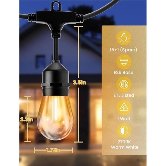 Outdoor Led String Lights 50FT, Patio Lights with 16pcs S14 Shatterproof Bulbs - Picture 4 of 7